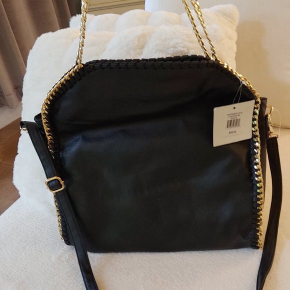 Designer Style Stella McCartney Style Crossbody Clutch Bag Black Gold Chain - Picture 10 of 15